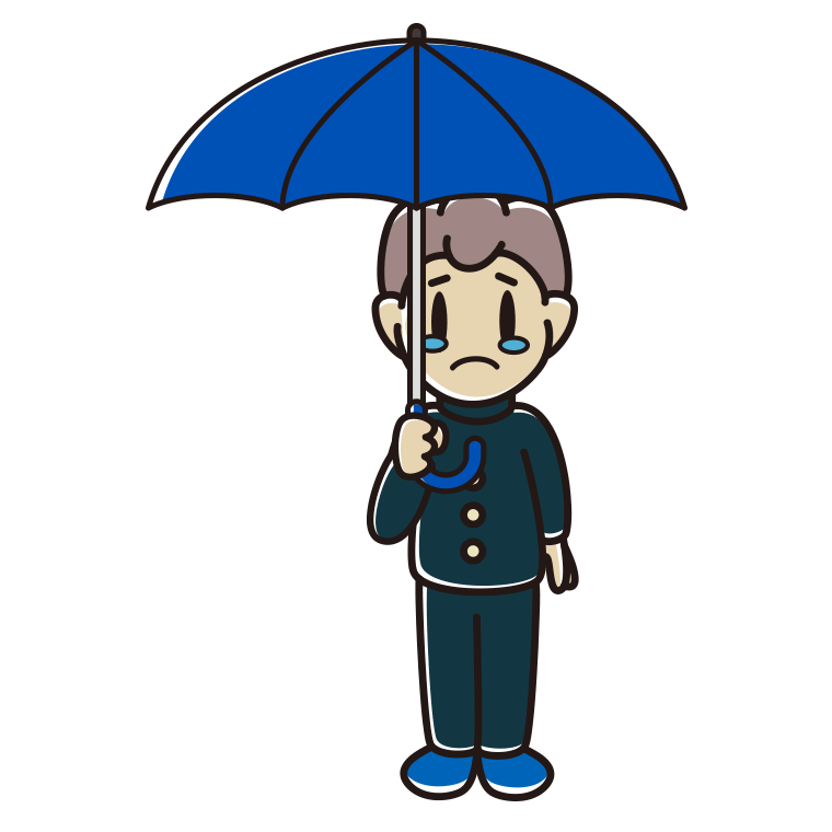 傘をさして泣いている男子中学生のイラスト【色あり、背景なし】透過PNG