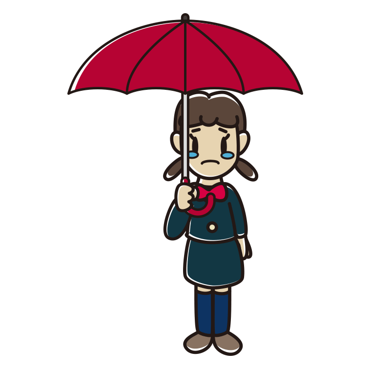 傘をさして泣いている女子中学生のイラスト【色あり、背景なし】透過PNG