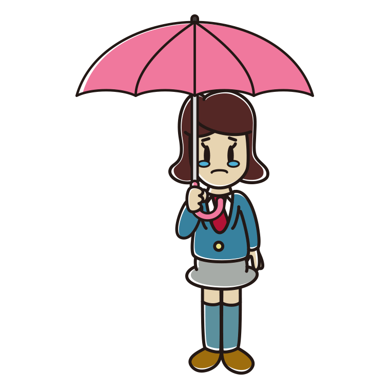 傘をさして泣いている女子高校生のイラスト【色あり、背景なし】透過PNG