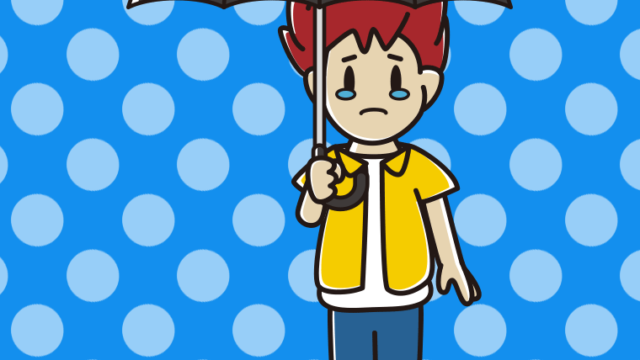 傘をさして泣いている男子大学生のイラスト【色、背景あり】PNG