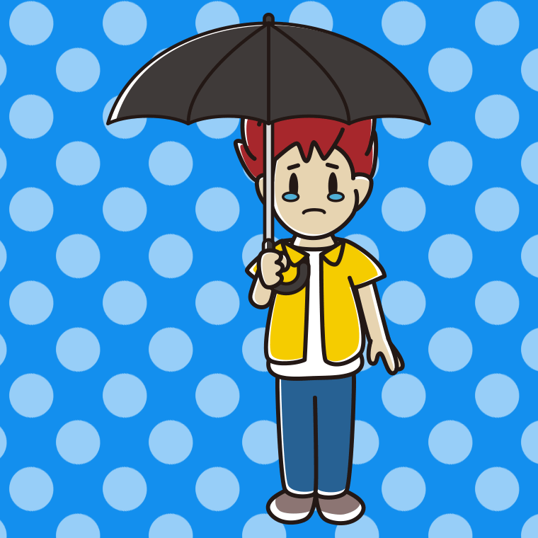 傘をさして泣いている男子大学生のイラスト【色、背景あり】PNG
