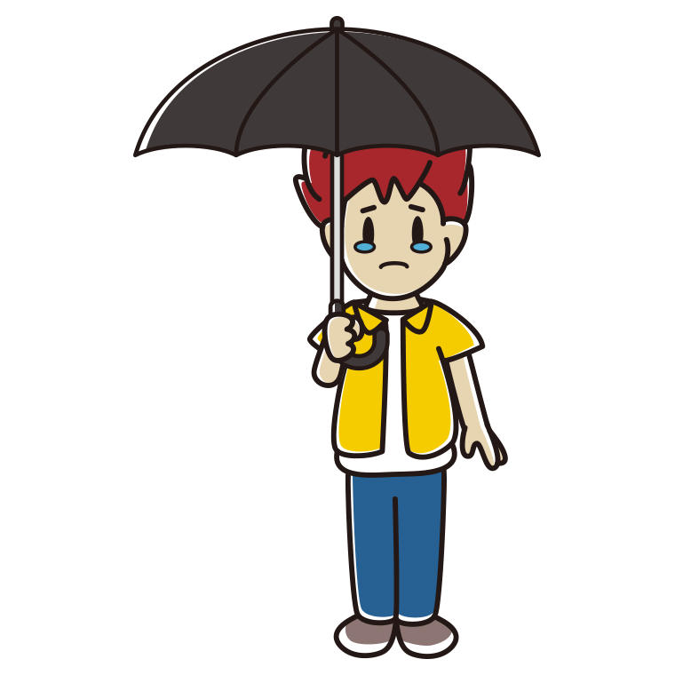 傘をさして泣いている男子大学生のイラスト【色あり、背景なし】透過PNG