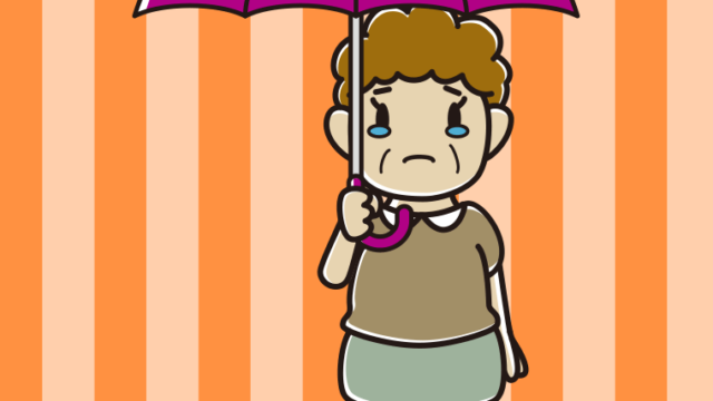 傘をさして泣いているおばさんのイラスト【色、背景あり】PNG