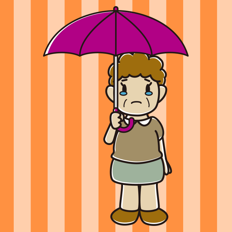 傘をさして泣いているおばさんのイラスト【色、背景あり】PNG
