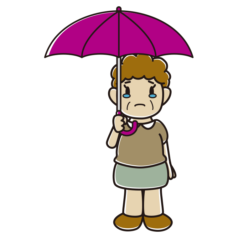 傘をさして泣いているおばさんのイラスト【色あり、背景なし】透過PNG