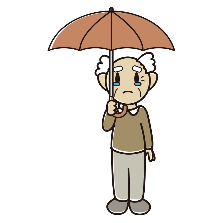 傘をさして泣いているおじいさんのイラスト【色あり、背景なし】透過PNG