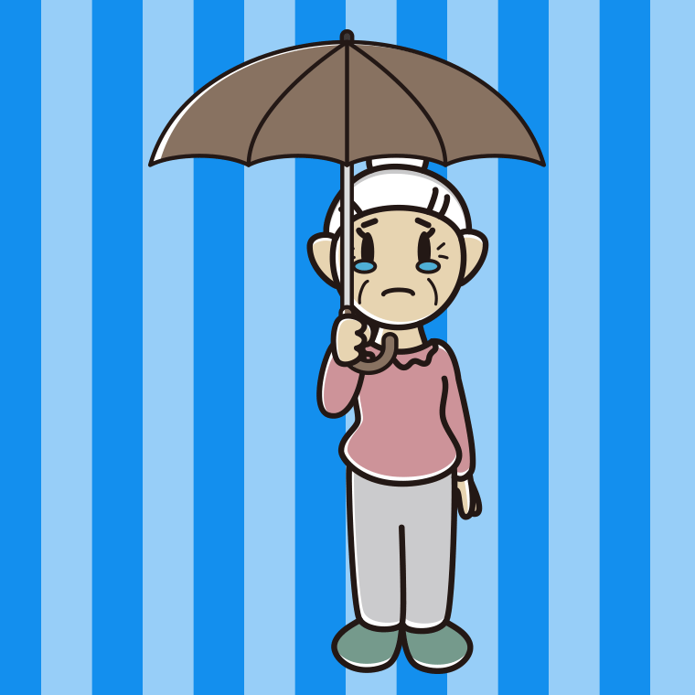 傘をさして泣いているおばあさんのイラスト【色、背景あり】PNG
