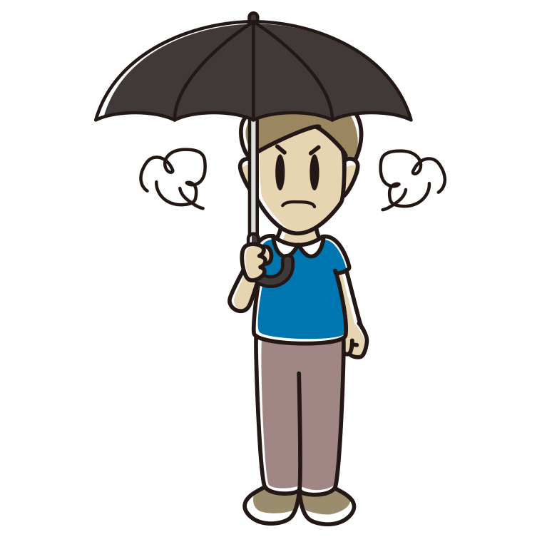 傘をさして怒っている男性のイラスト【色あり、背景なし】透過PNG