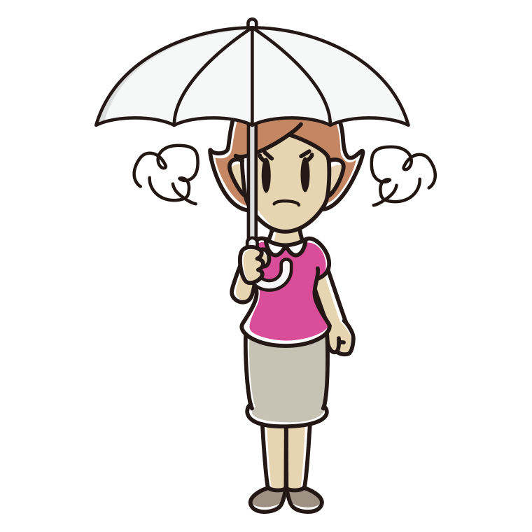 傘をさして怒っている女性のイラスト【色あり、背景なし】透過PNG