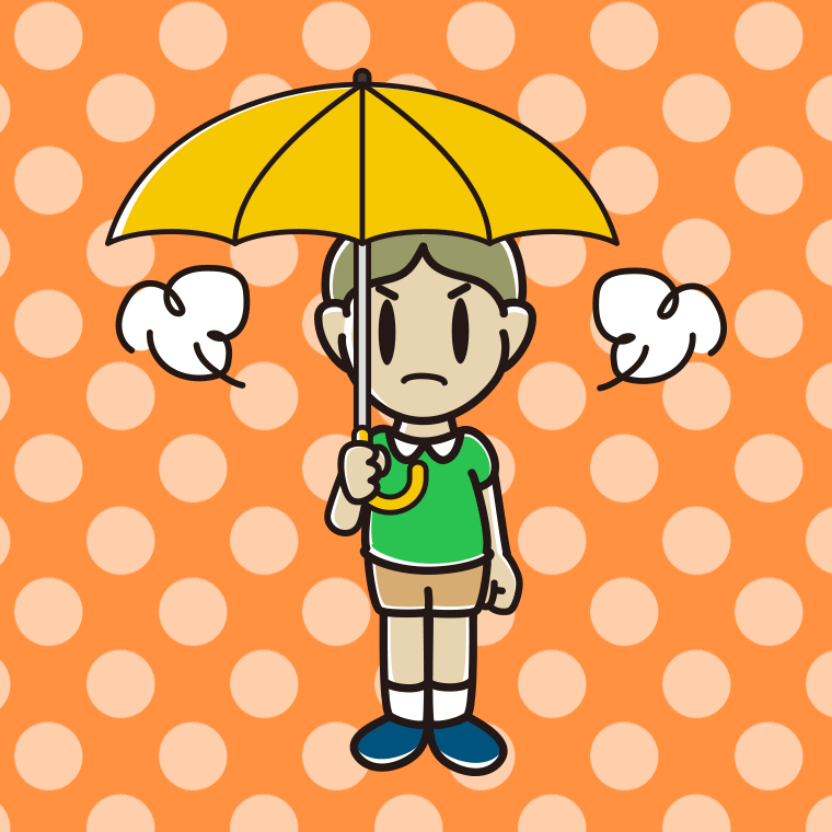 傘をさして怒っている小学生男子のイラスト【色、背景あり】PNG