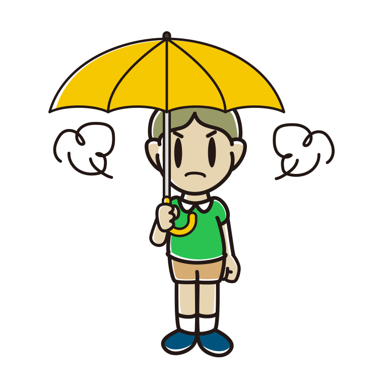 傘をさして怒っている小学生男子のイラスト【色あり、背景なし】透過PNG