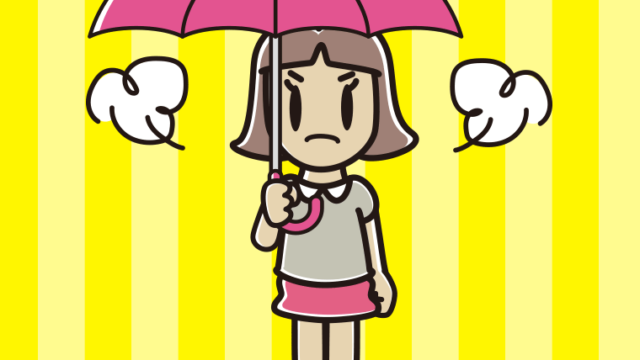 傘をさして怒っている小学生女子のイラスト【色、背景あり】PNG