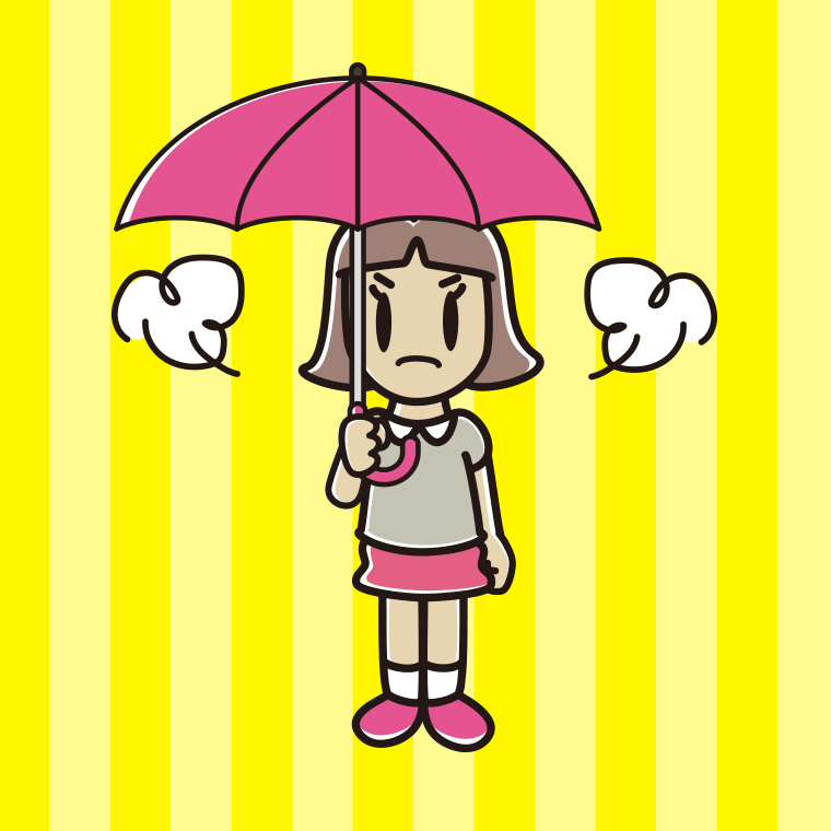 傘をさして怒っている小学生女子のイラスト【色、背景あり】PNG