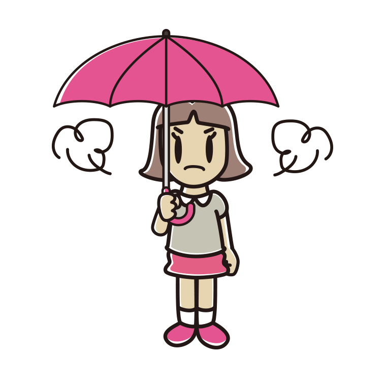 傘をさして怒っている小学生女子のイラスト【色あり、背景なし】透過PNG