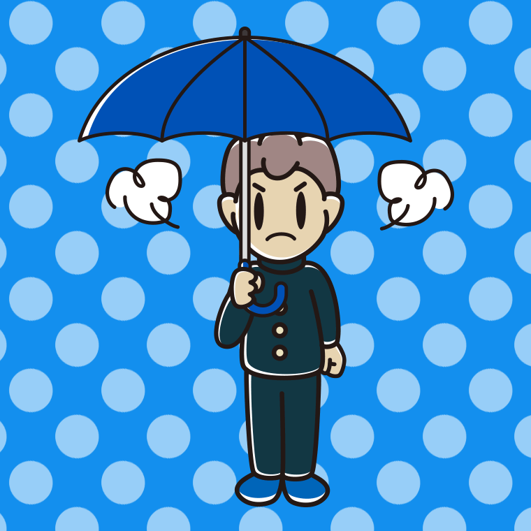 傘をさして怒っている男子中学生のイラスト【色、背景あり】PNG