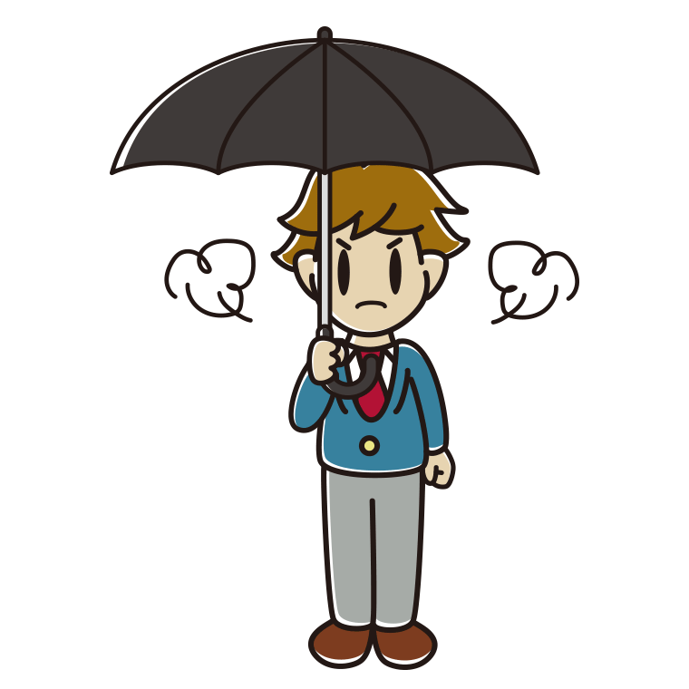 傘をさして怒っている男子高校生のイラスト【色あり、背景なし】透過PNG