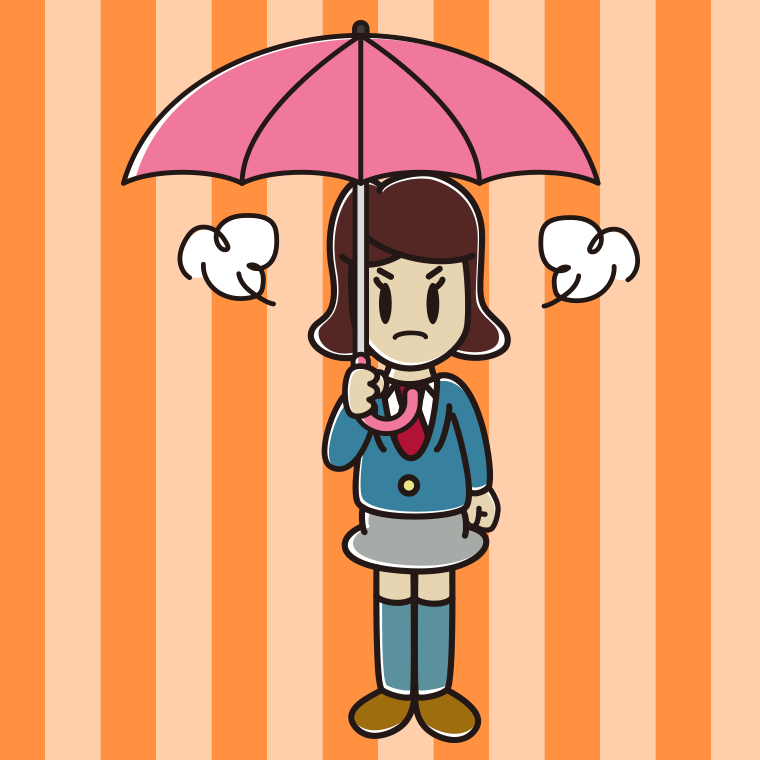 傘をさして怒っている女子高校生のイラスト【色、背景あり】PNG