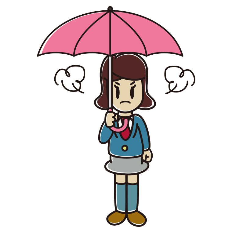 傘をさして怒っている女子高校生のイラスト【色あり、背景なし】透過PNG