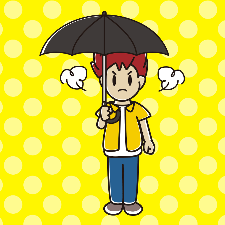 傘をさして怒っている男子大学生のイラスト【色、背景あり】PNG
