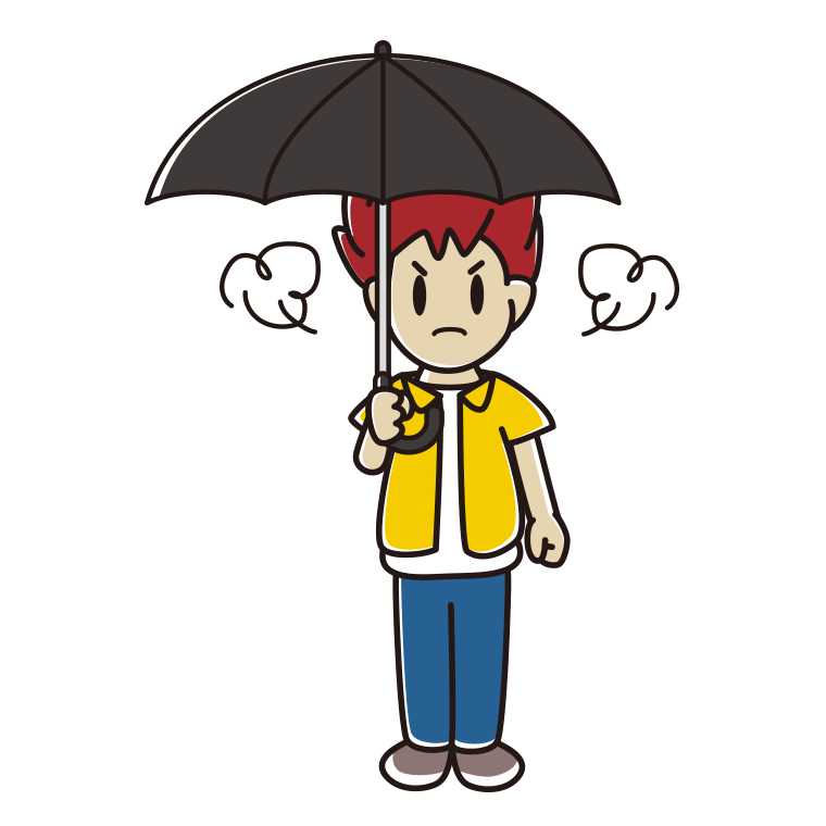 傘をさして怒っている男子大学生のイラスト【色あり、背景なし】透過PNG