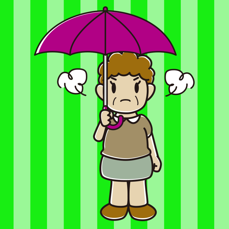 傘をさして怒っているおばさんのイラスト【色、背景あり】PNG