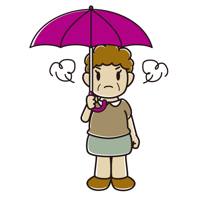 傘をさして怒っているおばさんのイラスト【色あり、背景なし】透過PNG