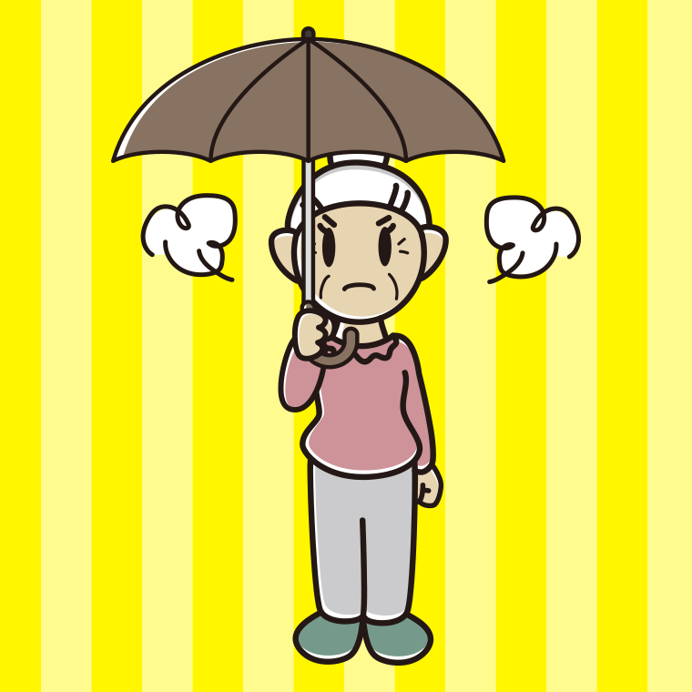 傘をさして怒っているおばあさんのイラスト【色、背景あり】PNG