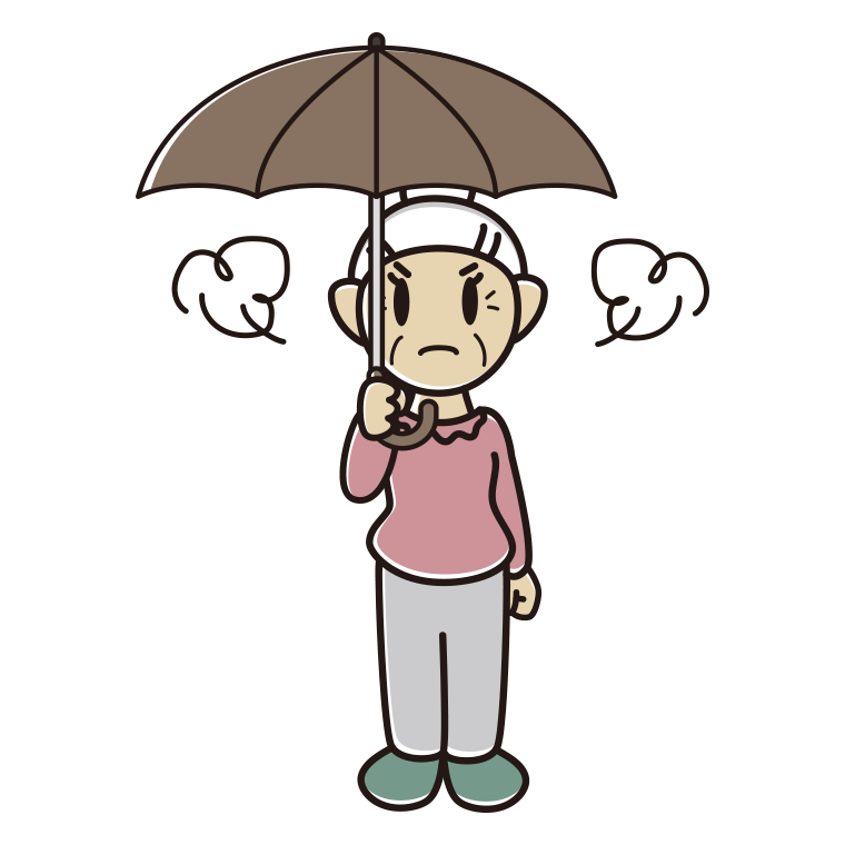 傘をさして怒っているおばあさんのイラスト【色あり、背景なし】透過PNG
