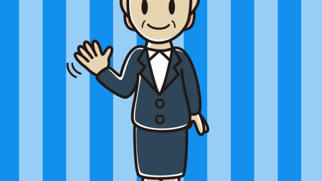 手を振る年配女性会社員のイラスト【色、背景あり】PNG