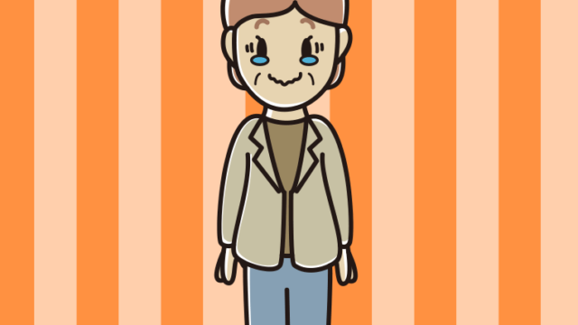 ジーンとする年配女性会社員（カジュアル）のイラスト【色、背景あり】PNG