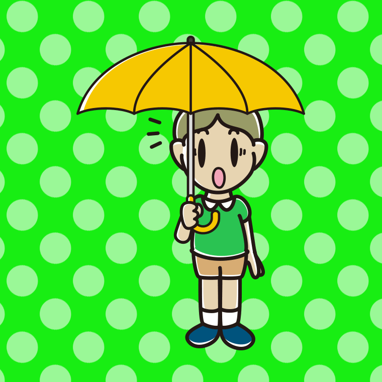 傘をさして驚いている小学生男子のイラスト【色、背景あり】PNG