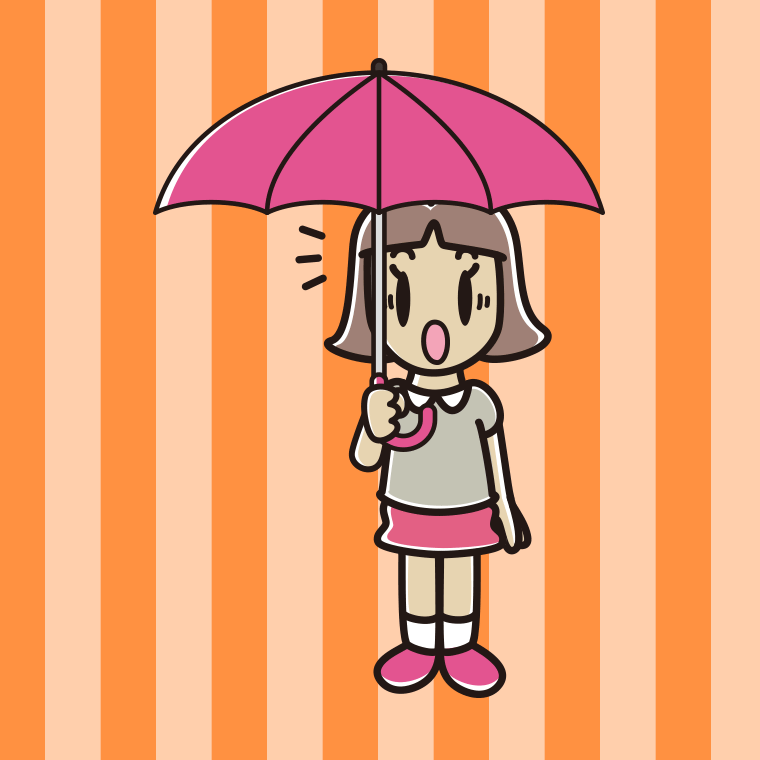 傘をさして驚いている小学生女子のイラスト【色、背景あり】PNG