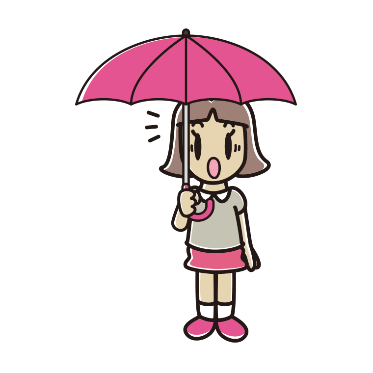 傘をさして驚いている小学生女子のイラスト【色あり、背景なし】透過PNG