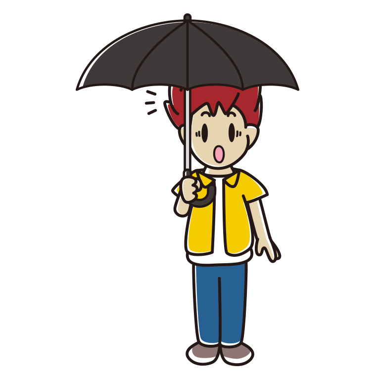 傘をさして驚いている男子大学生のイラスト【色あり、背景なし】透過PNG