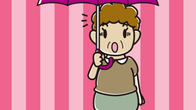 傘をさして驚いているおばさんのイラスト【色、背景あり】PNG