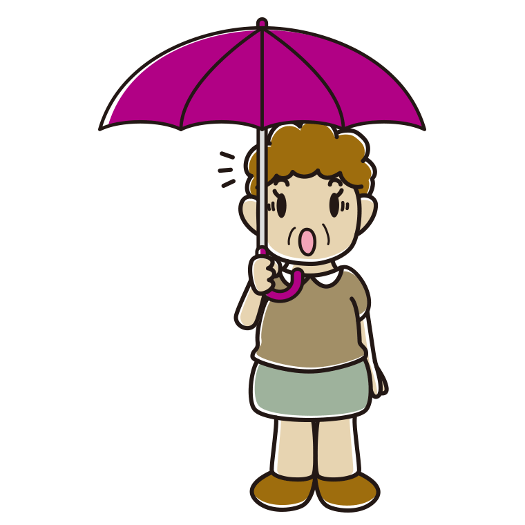 傘をさして驚いているおばさんのイラスト【色あり、背景なし】透過PNG