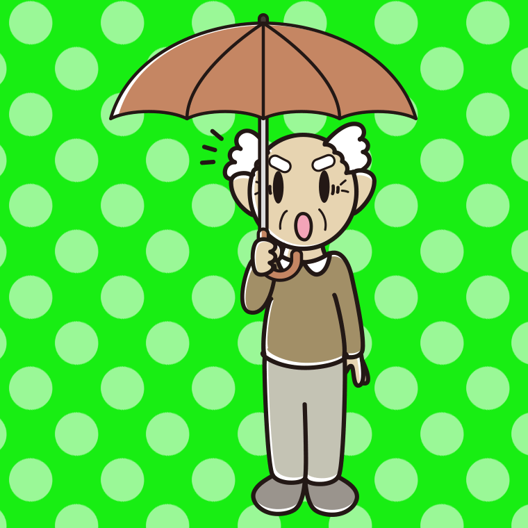 傘をさして驚いているおじいさんのイラスト【色、背景あり】PNG