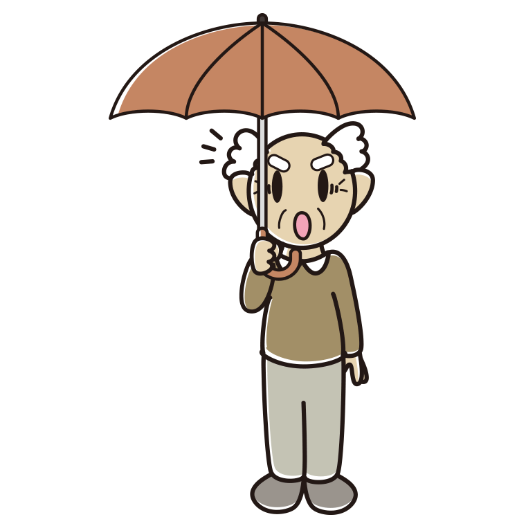 傘をさして驚いているおじいさんのイラスト【色あり、背景なし】透過PNG