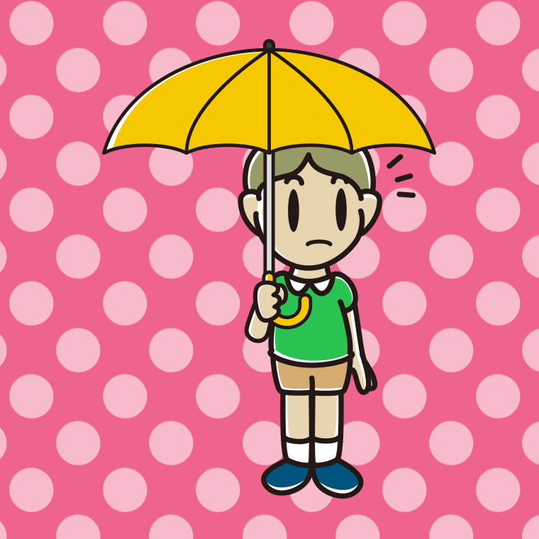 傘をさして何かに気付く小学生男子のイラスト【色、背景あり】PNG