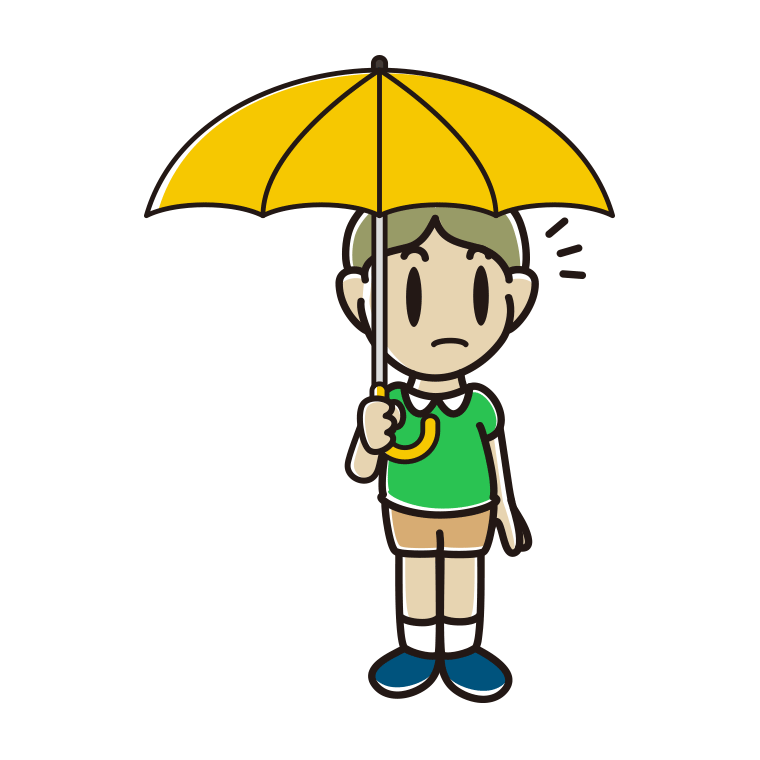 傘をさして何かに気付く小学生男子のイラスト【色あり、背景なし】透過PNG