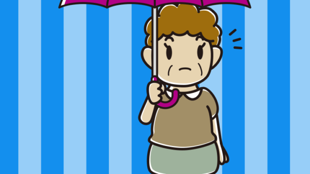 傘をさして何かに気付くおばさんのイラスト【色、背景あり】PNG