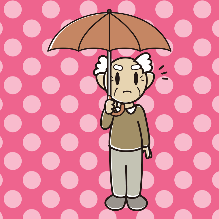 傘をさして何かに気付くおじいさんのイラスト【色、背景あり】PNG