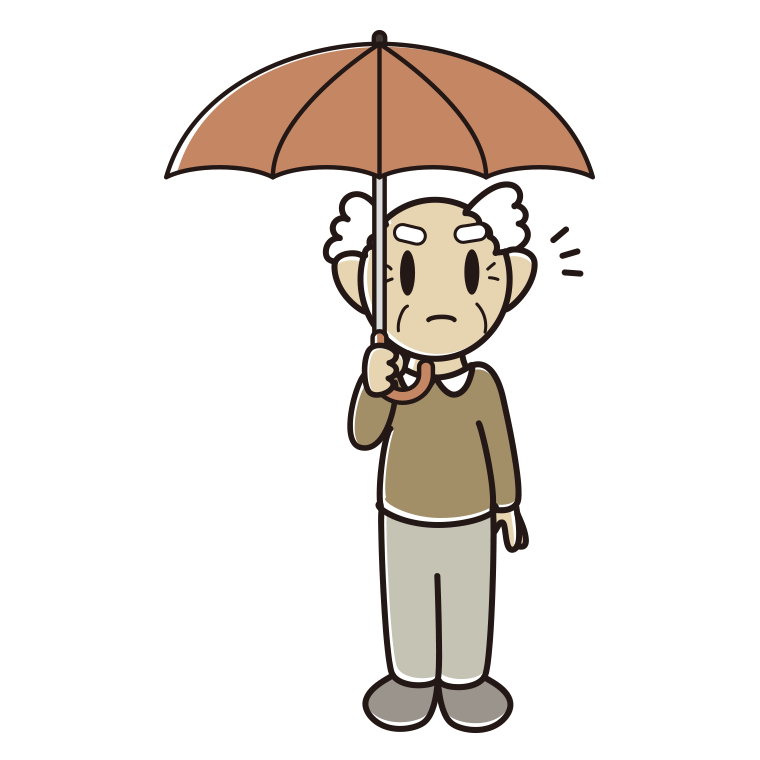 傘をさして何かに気付くおじいさんのイラスト【色あり、背景なし】透過PNG