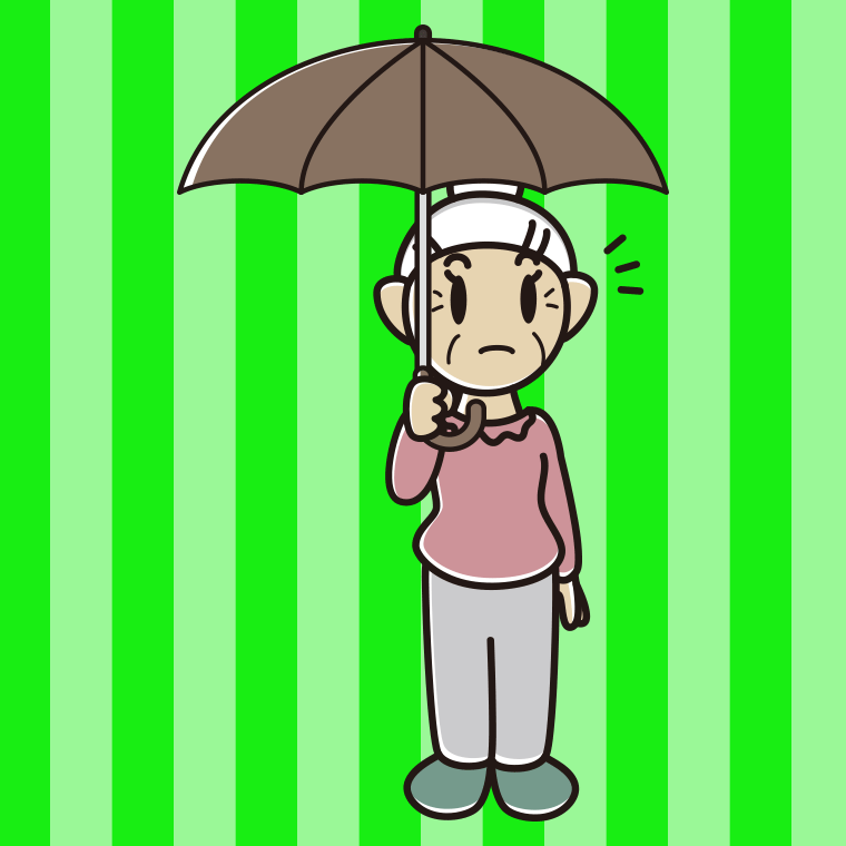 傘をさして何かに気付くおばあさんのイラスト【色、背景あり】PNG