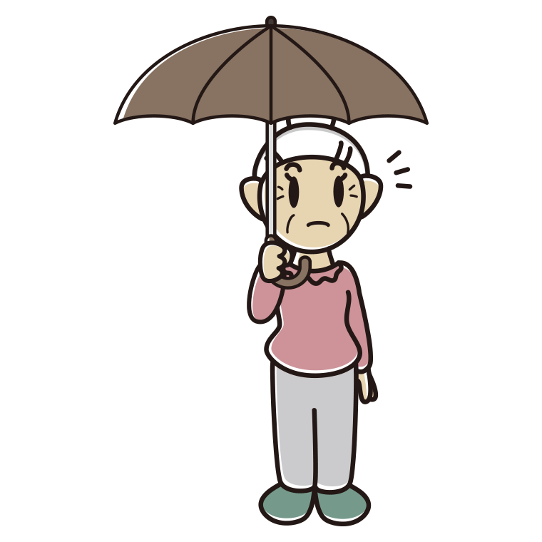 傘をさして何かに気付くおばあさんのイラスト【色あり、背景なし】透過PNG