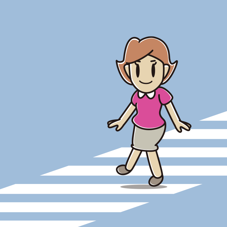 横断歩道を渡る女性のイラスト【色、背景あり】PNG