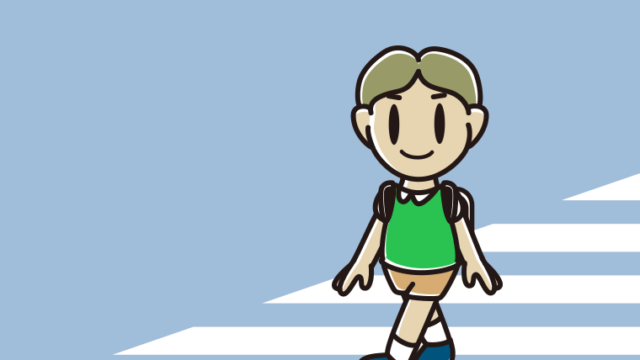 横断歩道を渡る小学生男子のイラスト【色、背景あり】PNG