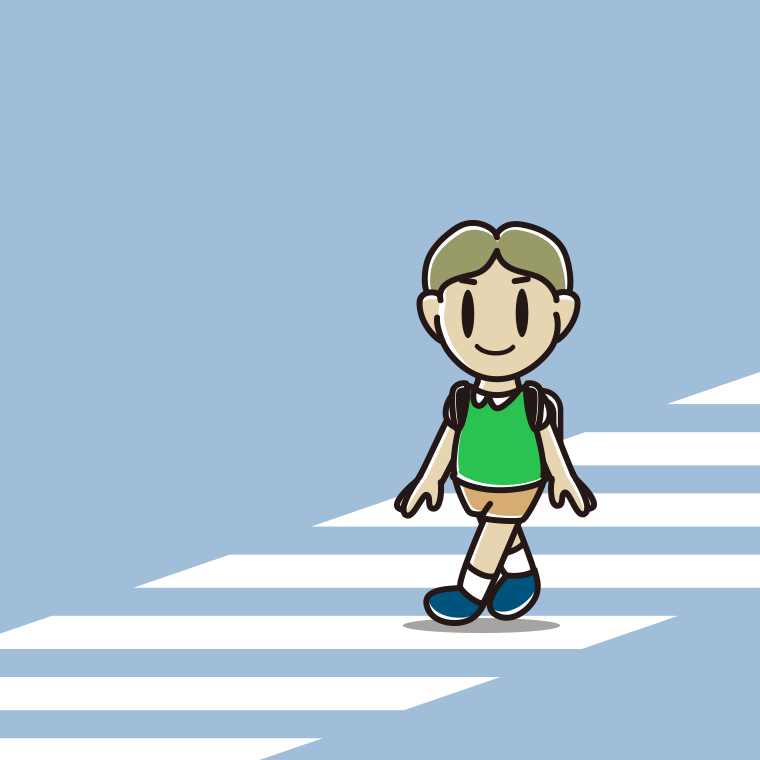 横断歩道を渡る小学生男子のイラスト【色、背景あり】PNG