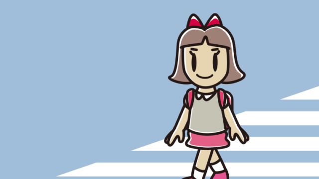 横断歩道を渡る小学生女子のイラスト【色、背景あり】PNG