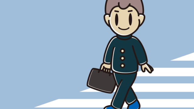 横断歩道を渡る男子中学生のイラスト【色、背景あり】PNG